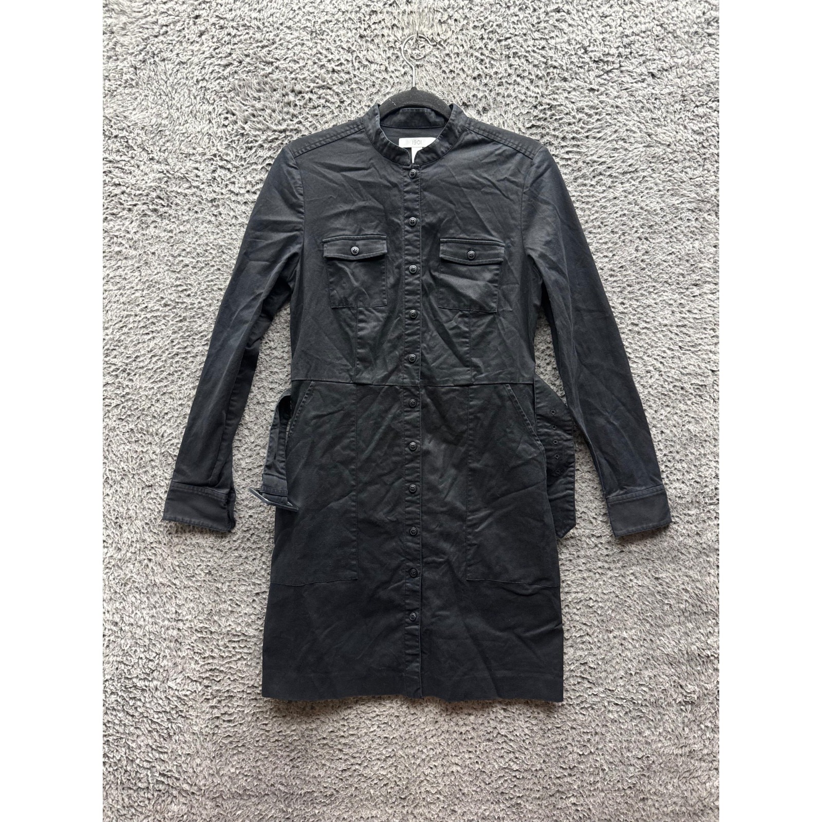 1901 Button-Up Belted Long Sleeve Chambray Shirt Dress Black Womens Size 4
